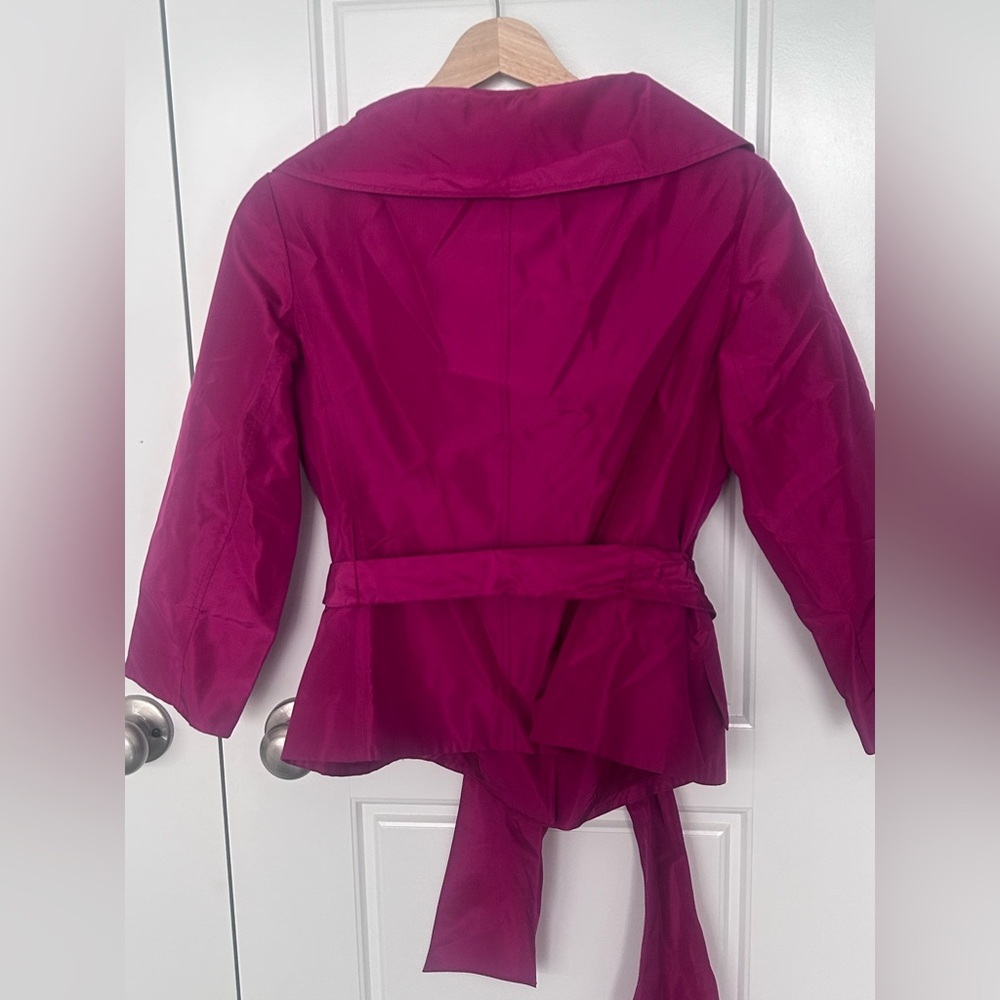 Teri Jon Rickie Freeman 100% silk taffeta cropped jacket wide tie belt Fuchsia 6 - Picture 4 of 6